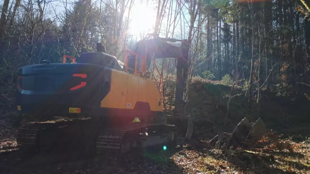 Tractopelle dans une forêt
