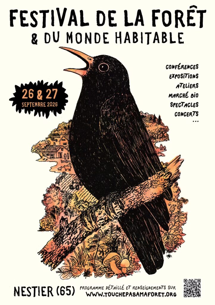 Affiche du Festival de la foret et du monde habitable a nestier des 26 et 27 septembre 2026, avec une liste des activités et une illustration d'oiseau